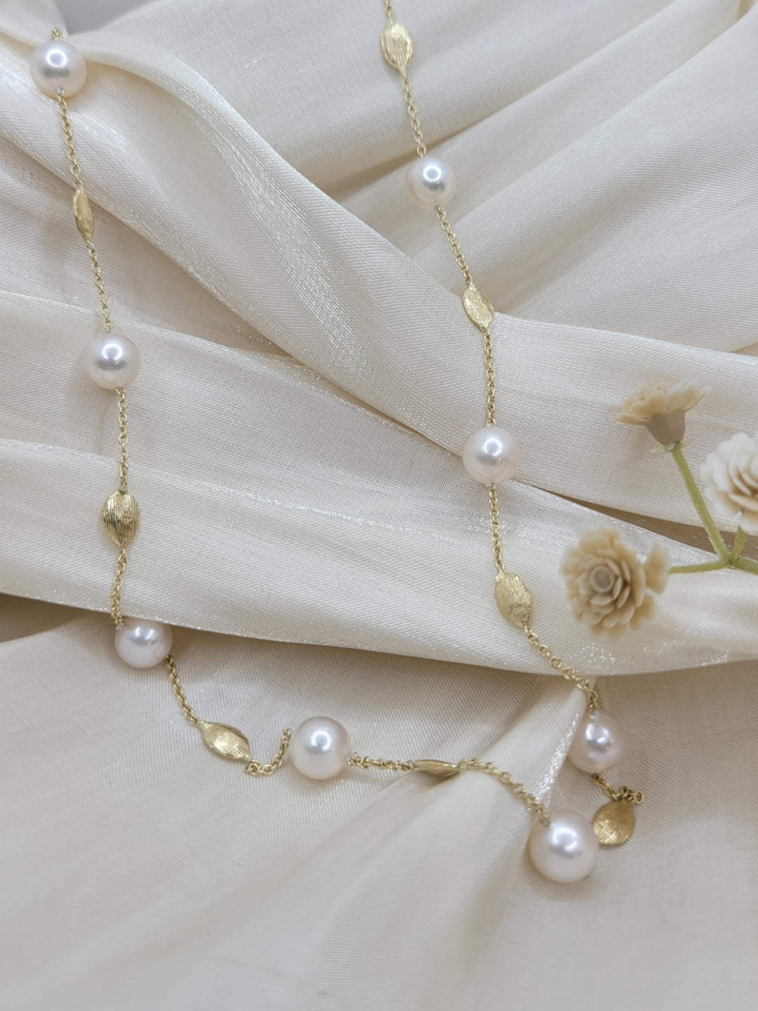 20" 14K Yellow Gold 6.5-7mm Japanese Cultured Pearl & Gold Tin-Cup Station Necklace