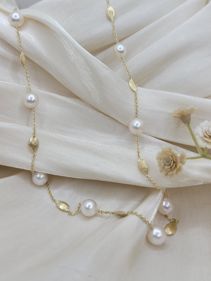 20" 14K Yellow Gold 6.5-7mm Japanese Cultured Pearl & Gold Tin-Cup Station Necklace
