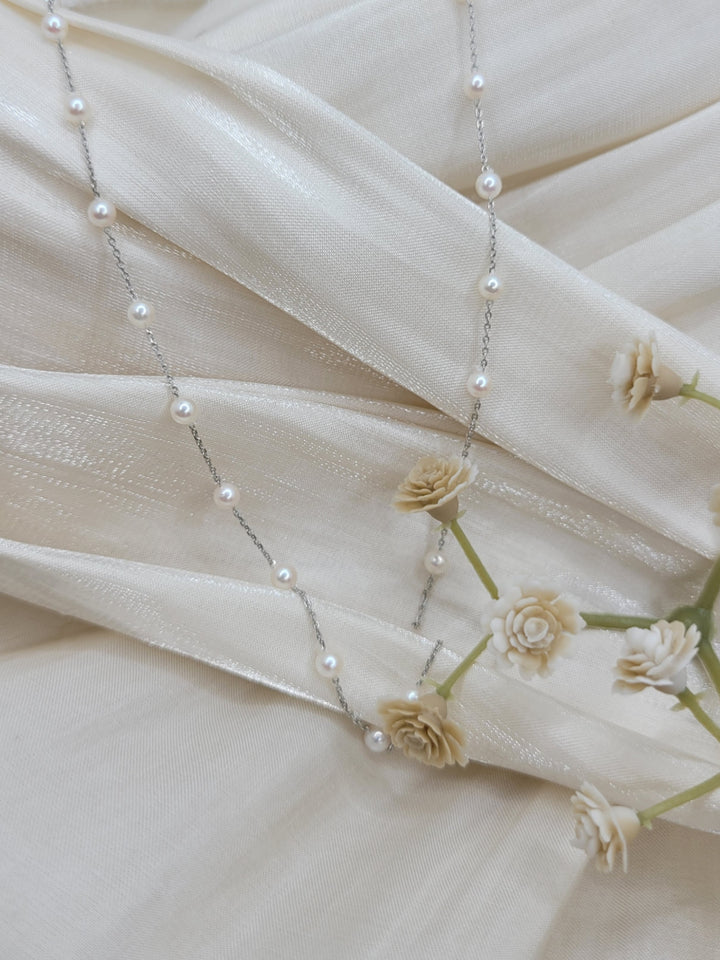 19" 14K White Gold 3-3.5mm Japanese Cultured Pearl Tin-Cup Station Necklace