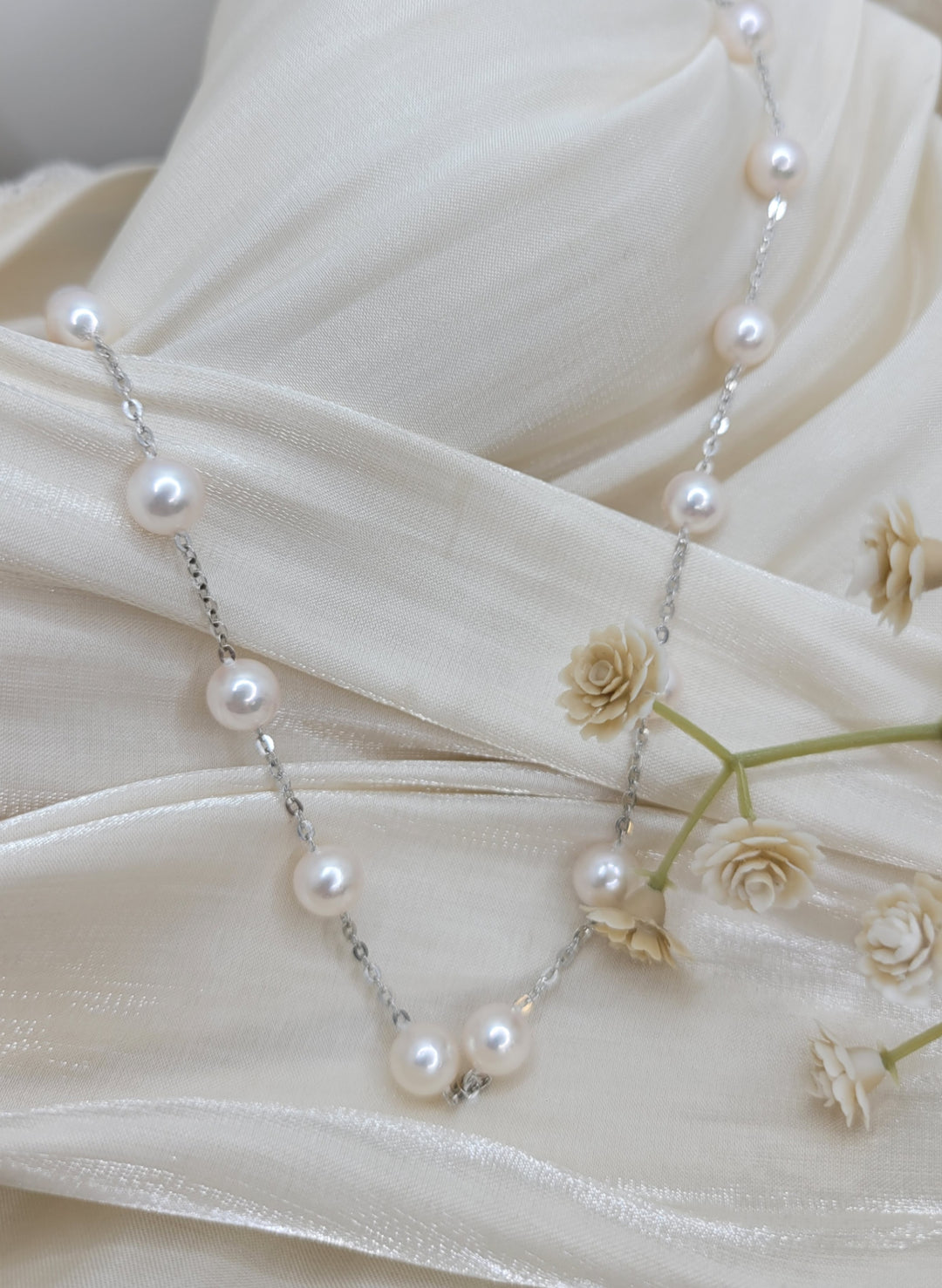 16.5" 14K White Gold 6.5-7mm Japanese Cultured Pearl Tin-Cup Station Necklace