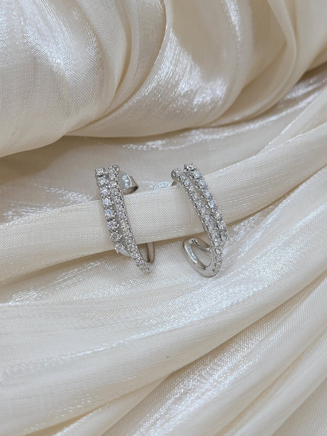 14K White Gold Diamond Stacked J Hoop Earrings