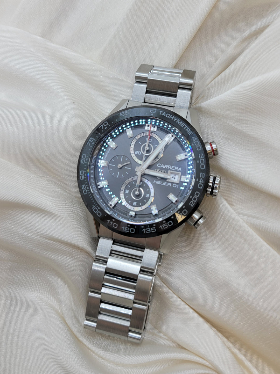 Stainless Steel Black Dial With Chronograph & Date Calibre Heuer 01 Pre-Owned Tag Heuer
