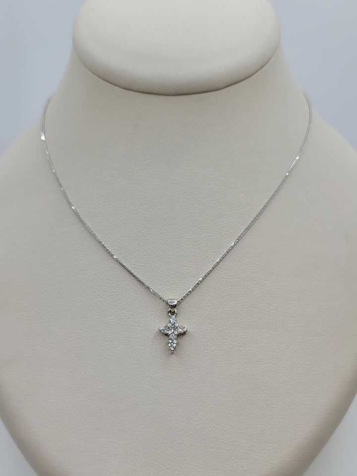 14K White Gold Petite Cross Pendant Diamond Necklace