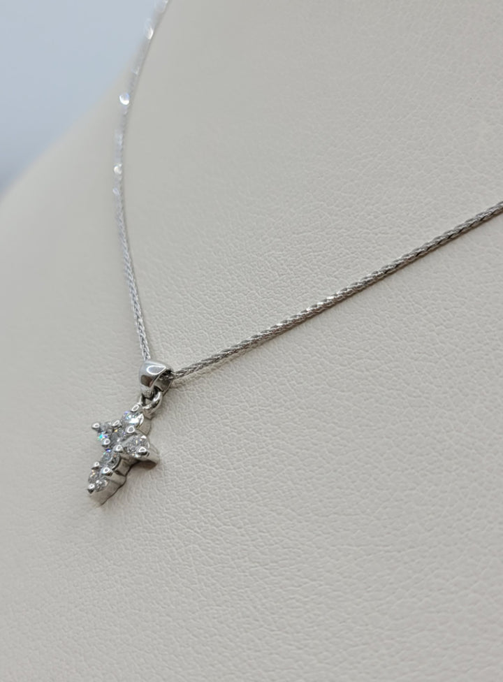 14K White Gold Petite Cross Pendant Diamond Necklace