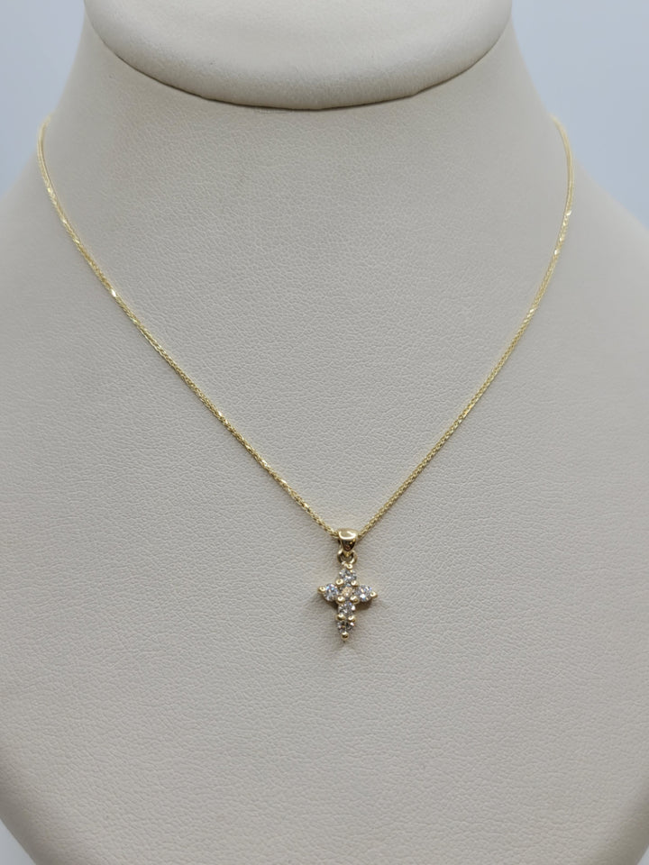 14K Yellow Gold Petite Cross Pendant Diamond Necklace