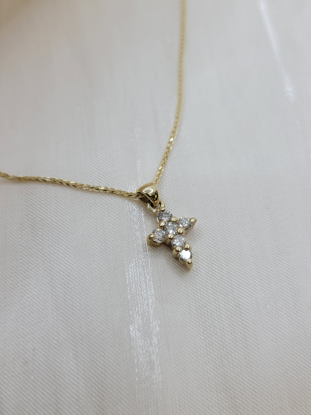 14K Yellow Gold Petite Cross Pendant Diamond Necklace