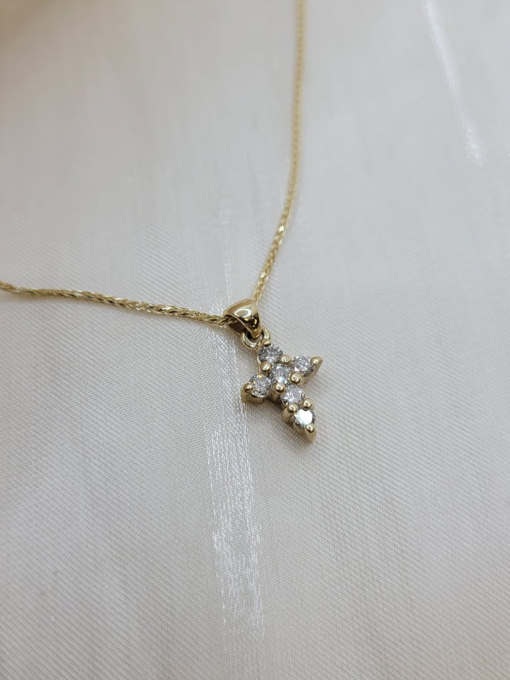 14K Yellow Gold Petite Cross Pendant Diamond Necklace