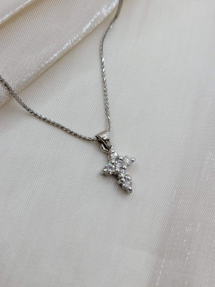 14K White Gold Petite Cross Pendant Diamond Necklace