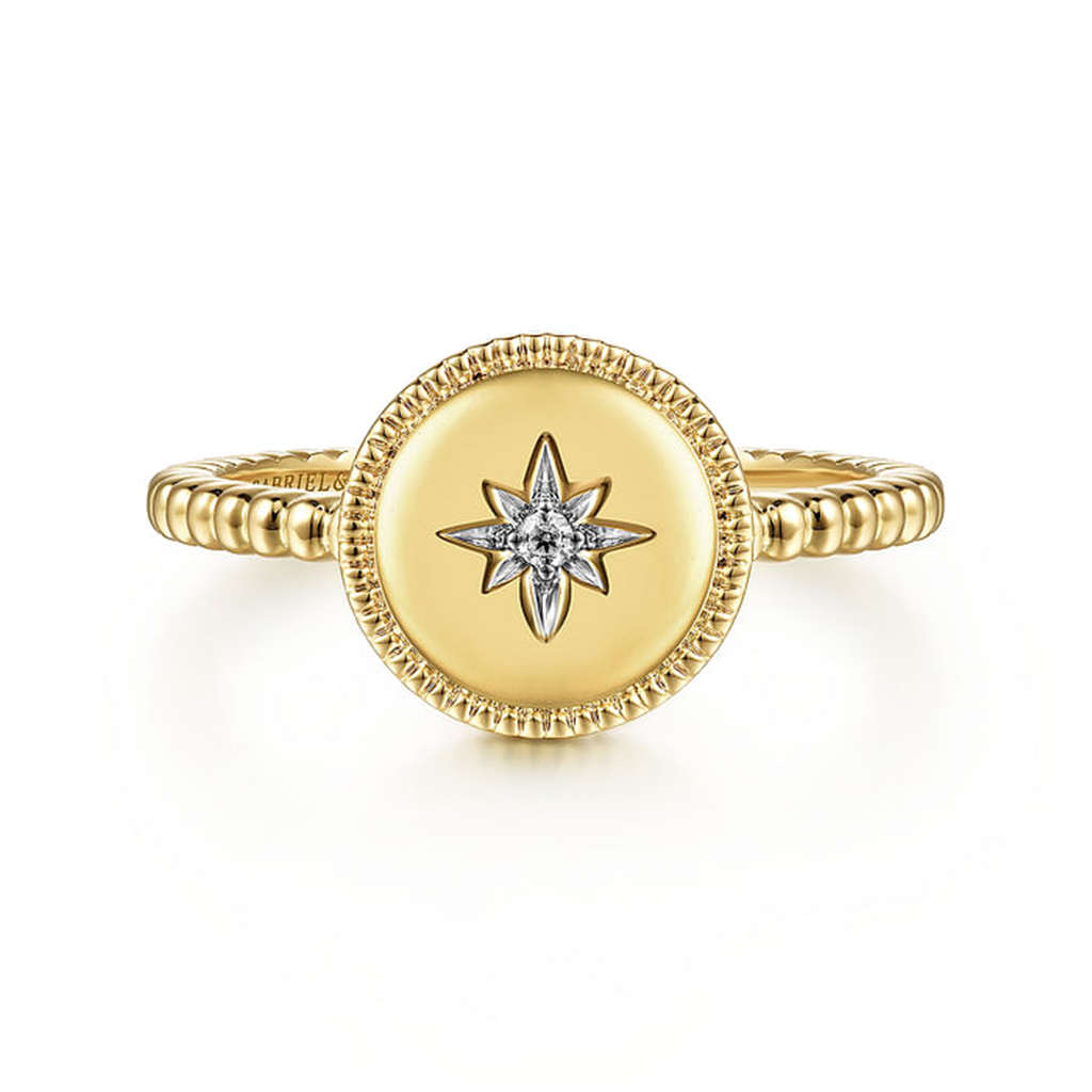 14K Yellow Gold "Gabriel & Co" Round Diamond Star Bujukan Signet Ring