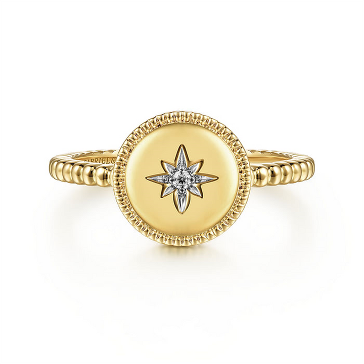 14K Yellow Gold "Gabriel & Co" Round Diamond Star Bujukan Signet Ring