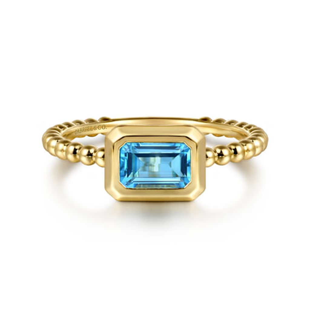 14K Yellow Gold Bezel Set Swiss Blue Topaz Beaded Fashion Ring