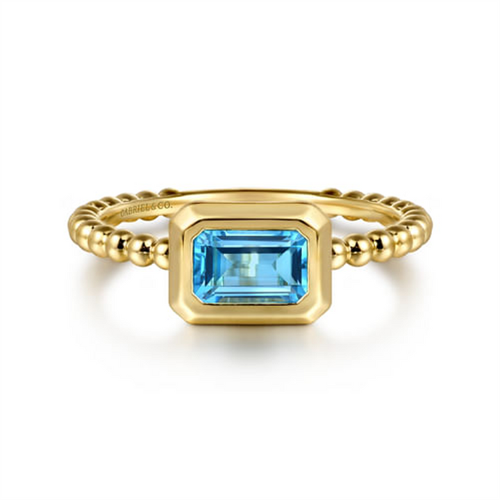 14K Yellow Gold Bezel Set Swiss Blue Topaz Beaded Fashion Ring