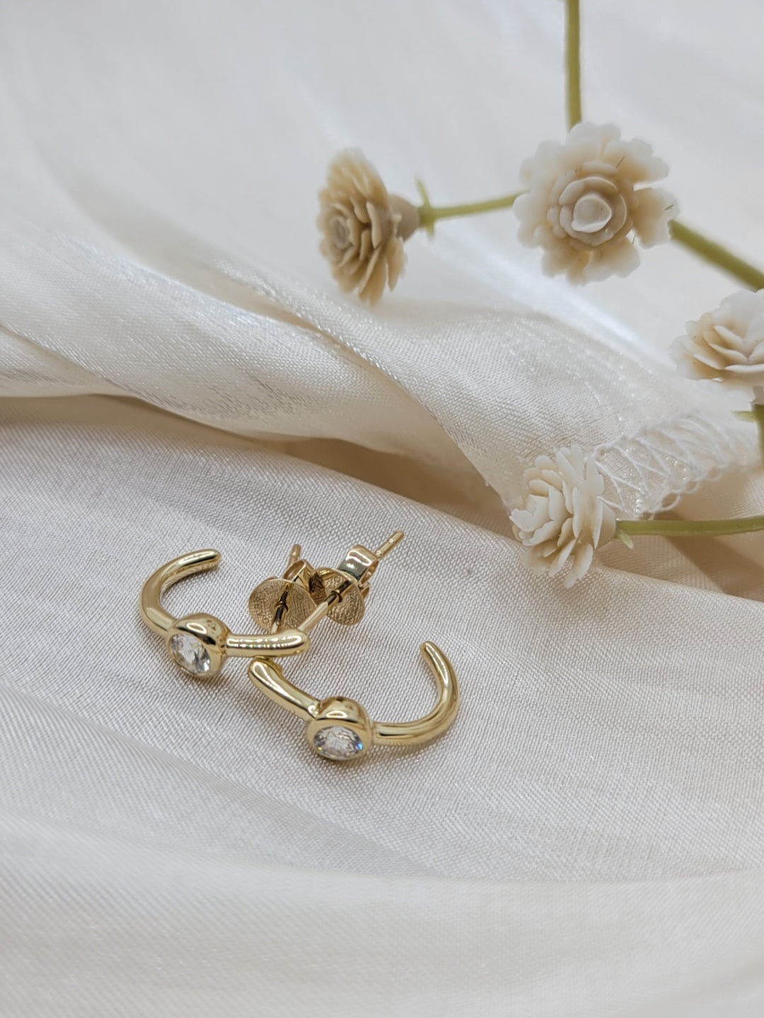 14K Yellow Gold White Sapphire J Hoop Earrings