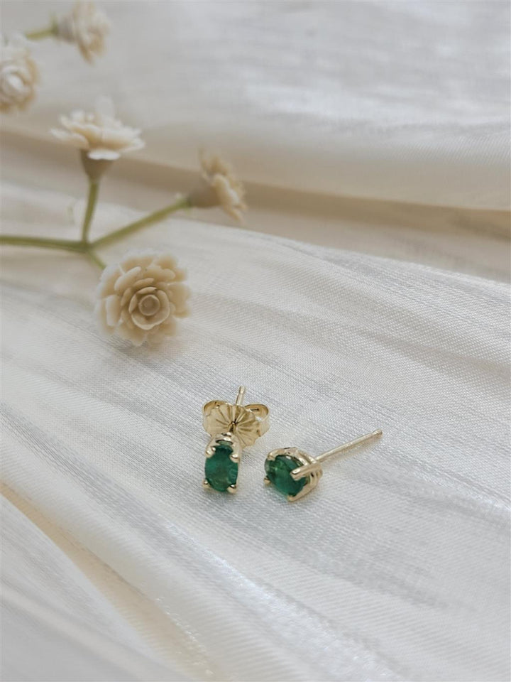 14K Yellow Gold Oval Emerald Stud Earrings