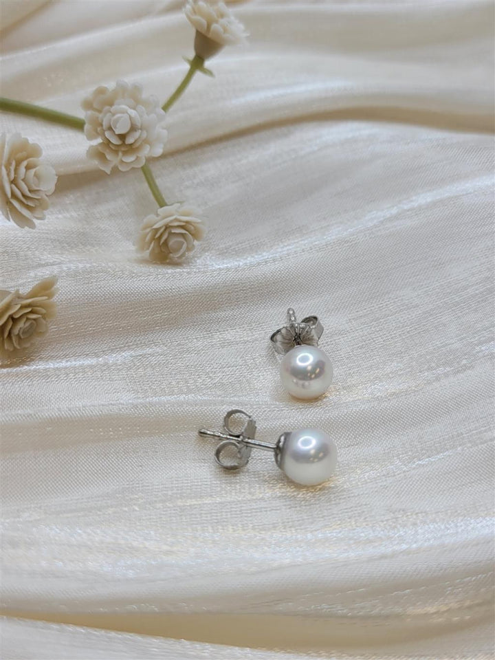 14K White Gold 6.5 mm Round Mikimoto Pearl Stud Earrings