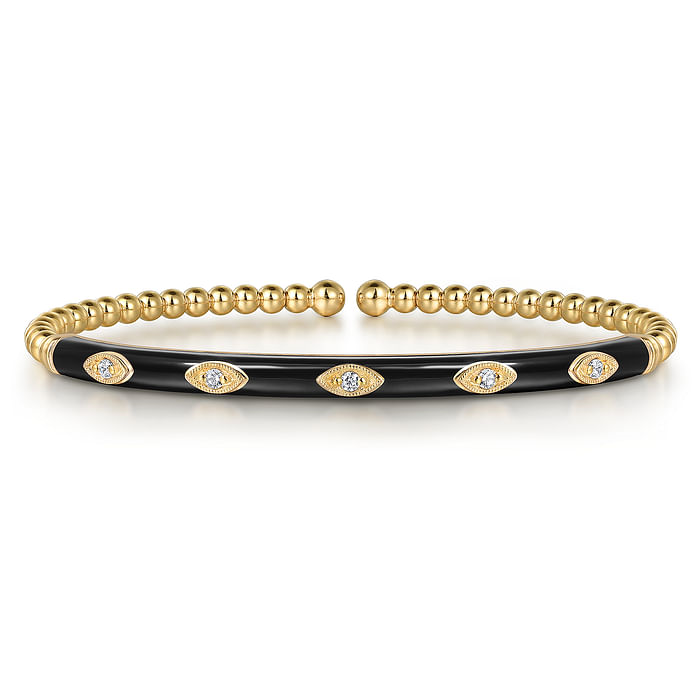 14K Yellow Gold Bujukan Beads And Diamond Split Bangle With Black Enamel