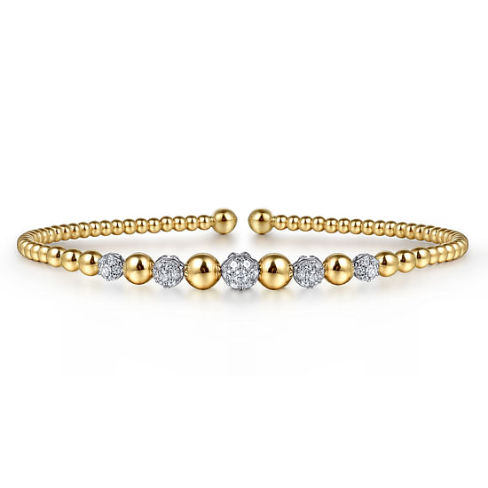 14K Two-Tone Gold "Gabriel & Co." Bujukan Tapered Bead Diamond Bangle Bracelet