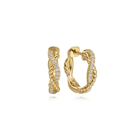14K Yellow Gold Twisted Diamond Hoop Earrings