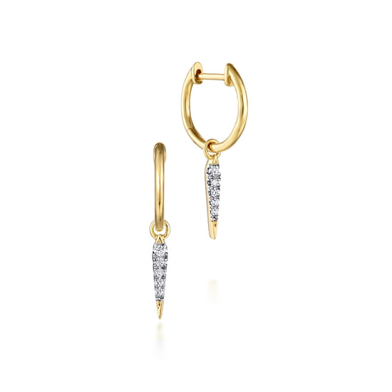 14K Yellow Gold Pave Diamond Spike Huggie Drop Earrings