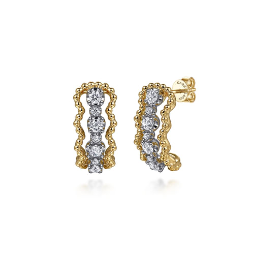 14K White & Yellow Gold Bujukan Diamond J Hoop Stud Earrings