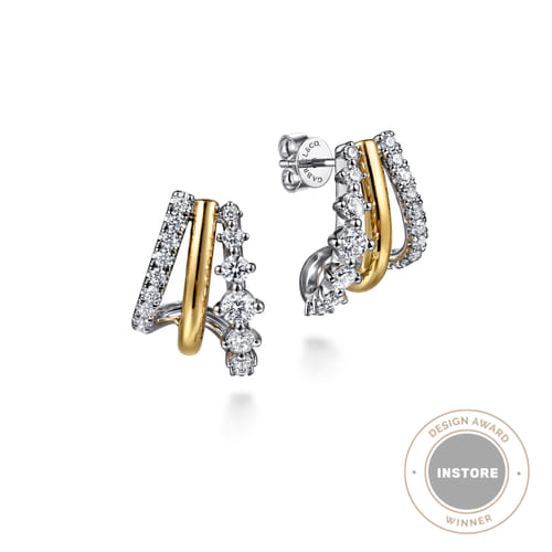 14K White And Yellow Gold .73 Twt Diamond J Hoop Earrings