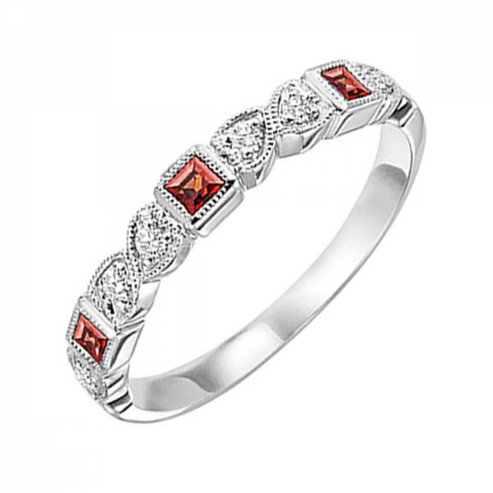 10K White Gold Stackable Garnets & Diamonds Gemstone Ring
