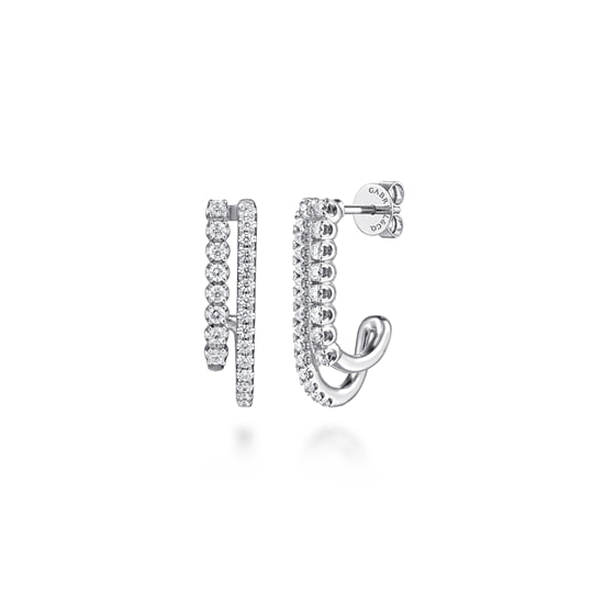 14K White Gold Diamond Stacked J Hoop Earrings