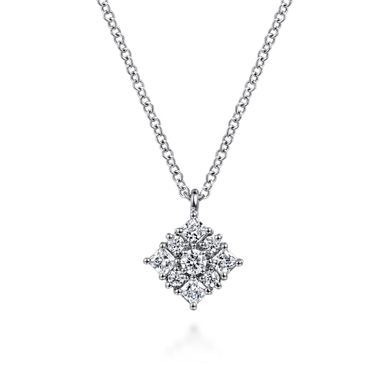 14K White Gold Floral Diamond Pendant Necklace