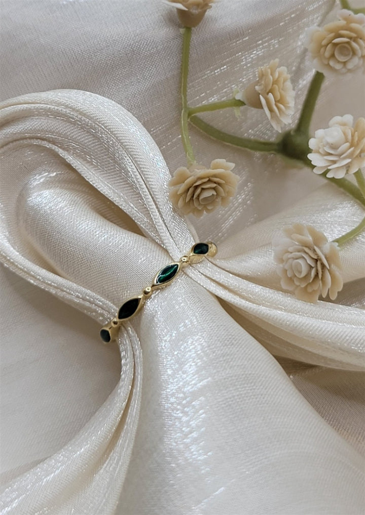 14K Yellow Gold Bujukan Ball And Marquise Shape Stackable Ring With Chrome Green Enamel