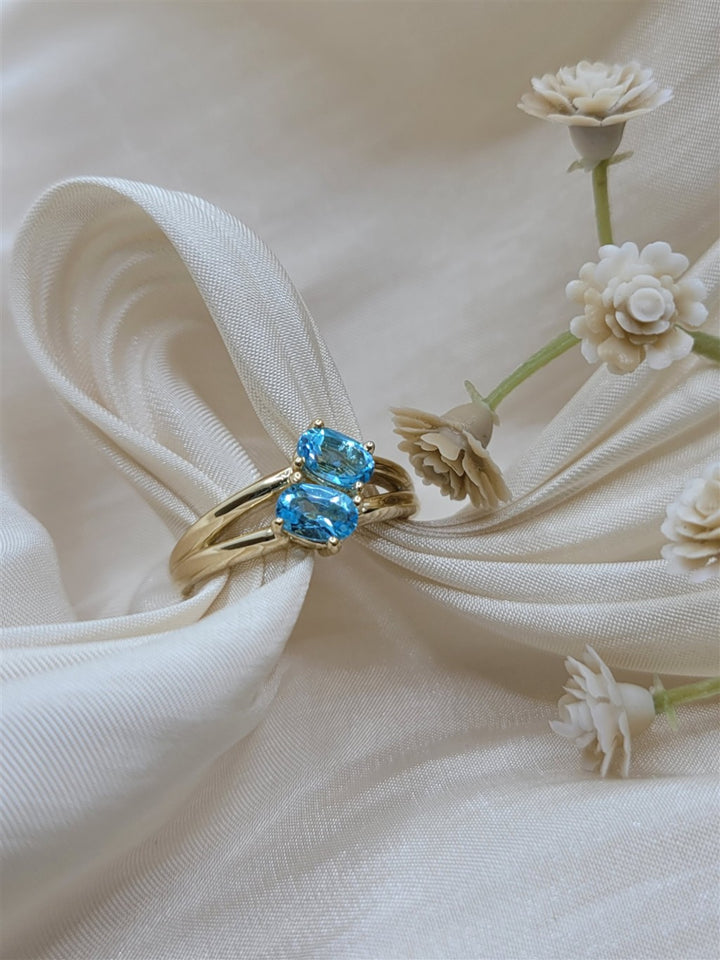 14K Yellow Gold Two Stone Swiss Blue Topaz Fashion Ring