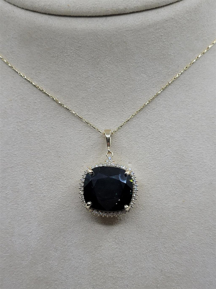 14K Yellow Gold Green Sapphire & Diamond Halo Necklace