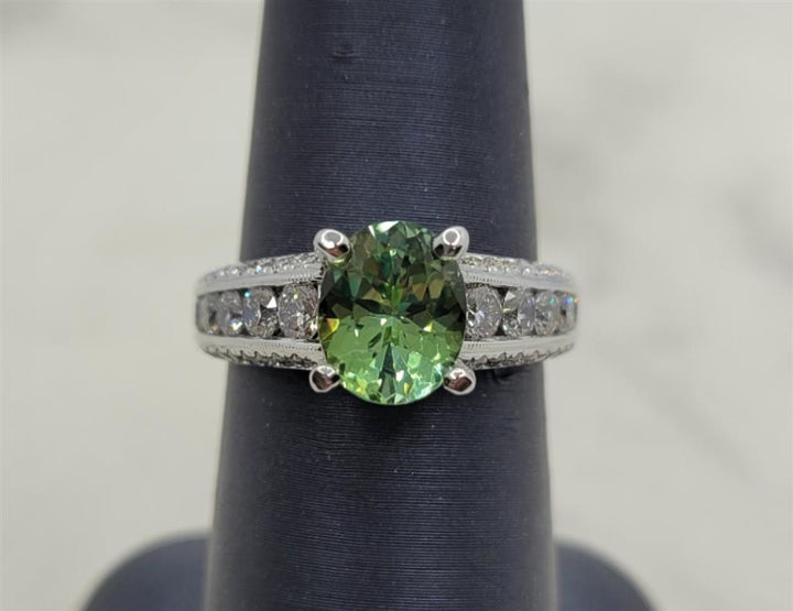 14K White Gold Antique Green Tourmaline & Diamonds Gemstone Ring