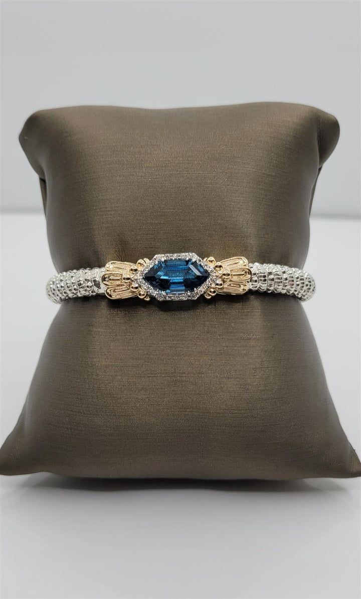 "Vahan" Silver & 14K 6mm Diamond And London Blue Topaz Closed Bangle Bracelet