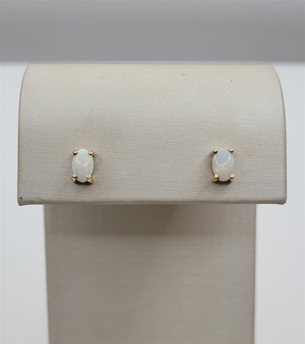 14K Yellow Gold White Opal 4-Prong Stud Earrings