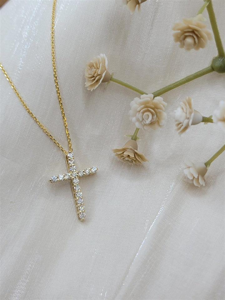 16" 14K Yellow Gold Diamond Cross Pendant Necklace