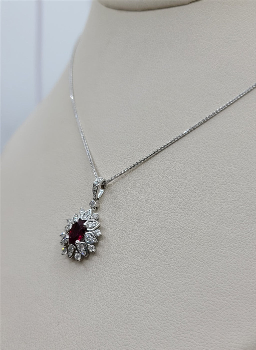 14K/18K White Gold Ruby And Diamond Starburst-Style Necklace
