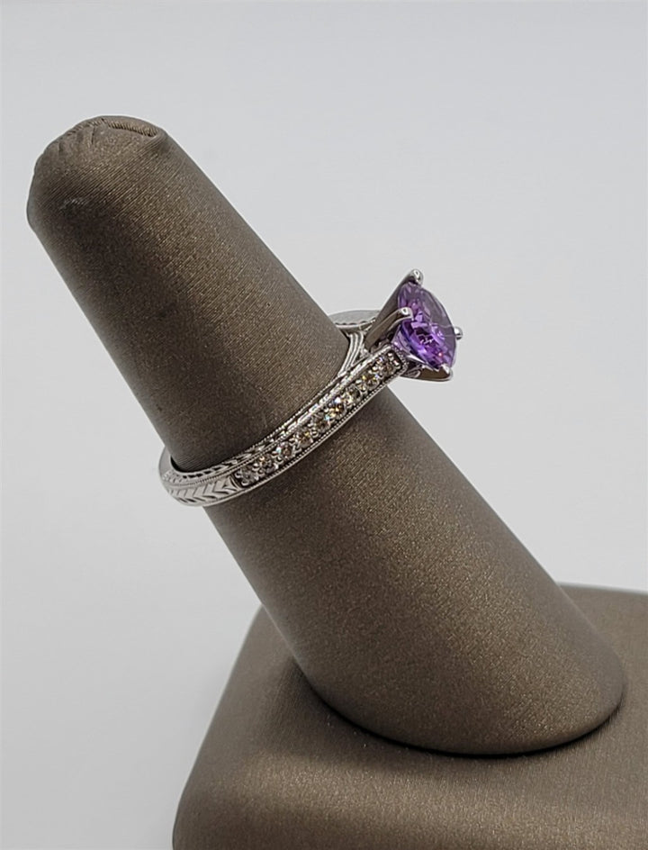 14K White Gold Vintage-Inspired Diamond & Amethyst Gemstone Fashion Ring