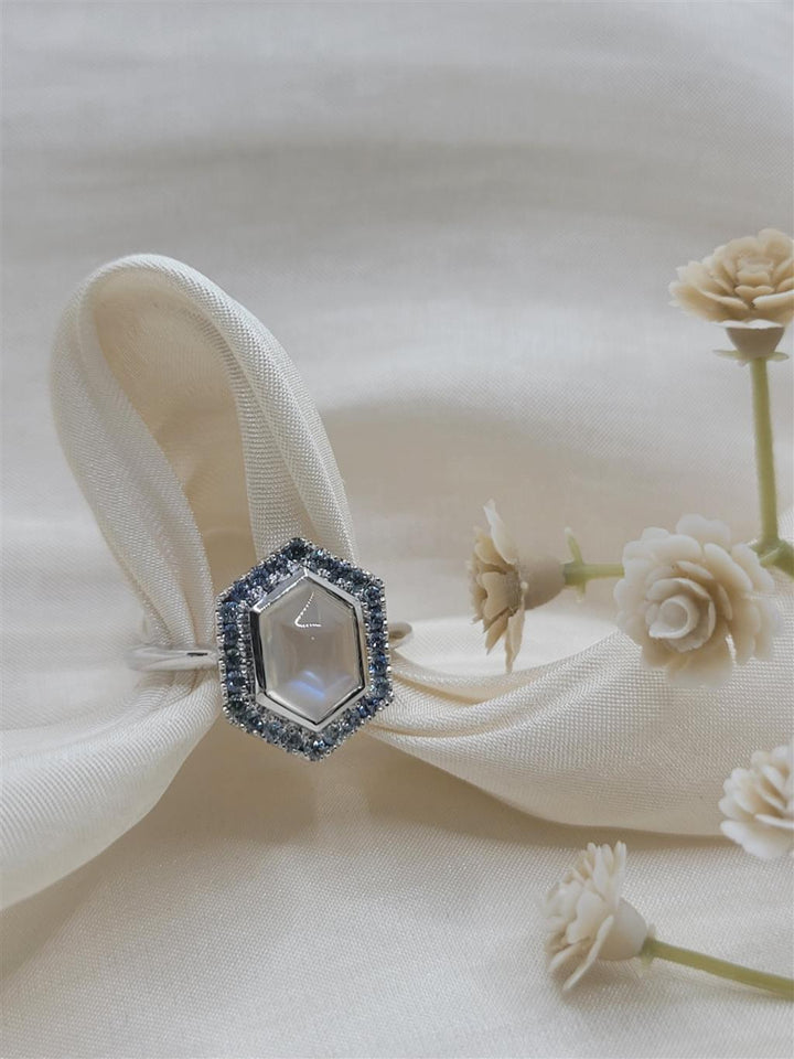 14K White Gold Fashion Moonstone & Sapphires Gemstone Ring