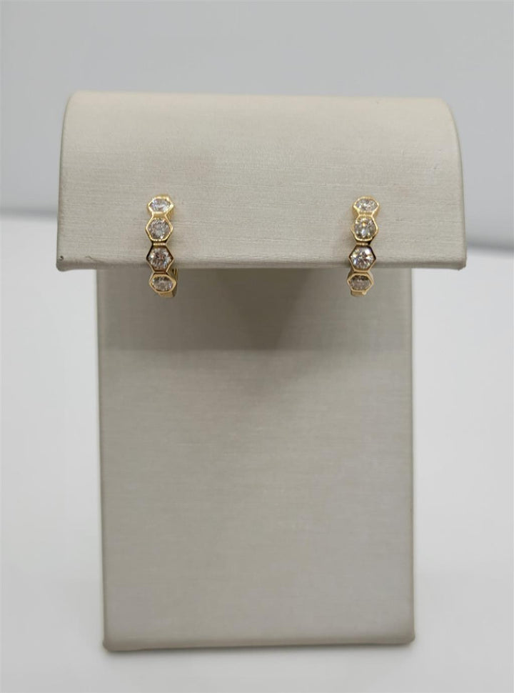 14K Yellow Gold Hexagonal-Shaped Bezel Set Round Diamond Huggie Hoop Earrings