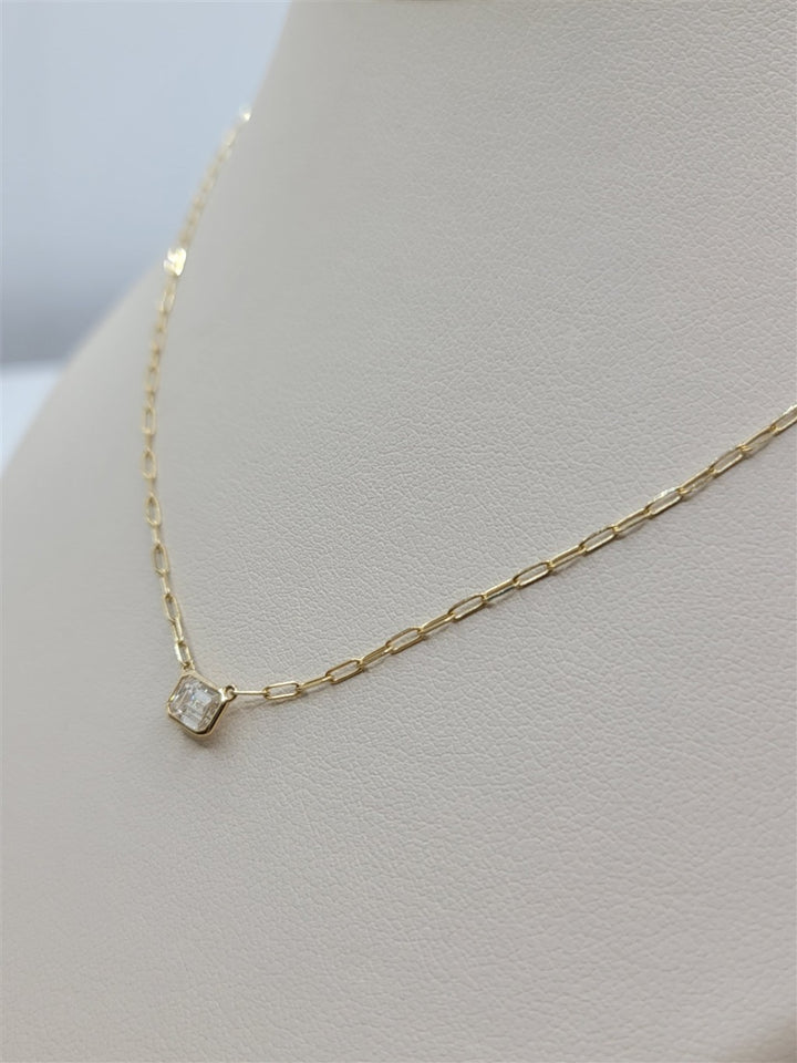 14K Yellow Gold Bezel Set Emerald Cut Diamond Necklace