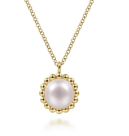 14K Yellow Gold "Gabriel & Co-Gaby" Pearl Necklace With Bujukan Halo