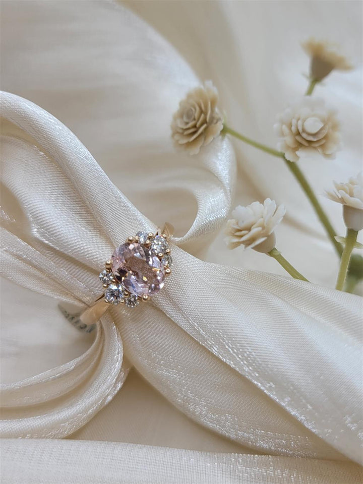 14K Rose Gold Fashion Morganite & Diamonds Gemstone Ring