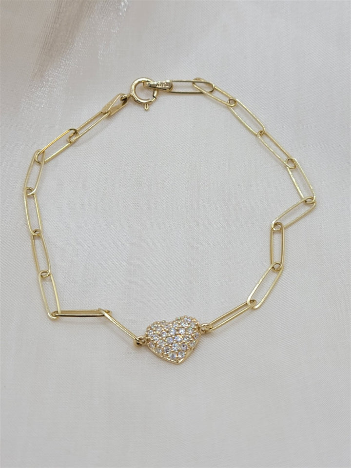 14K Yellow Gold Puffed Diamond Heart Charm Paper Clip Link Bracelet