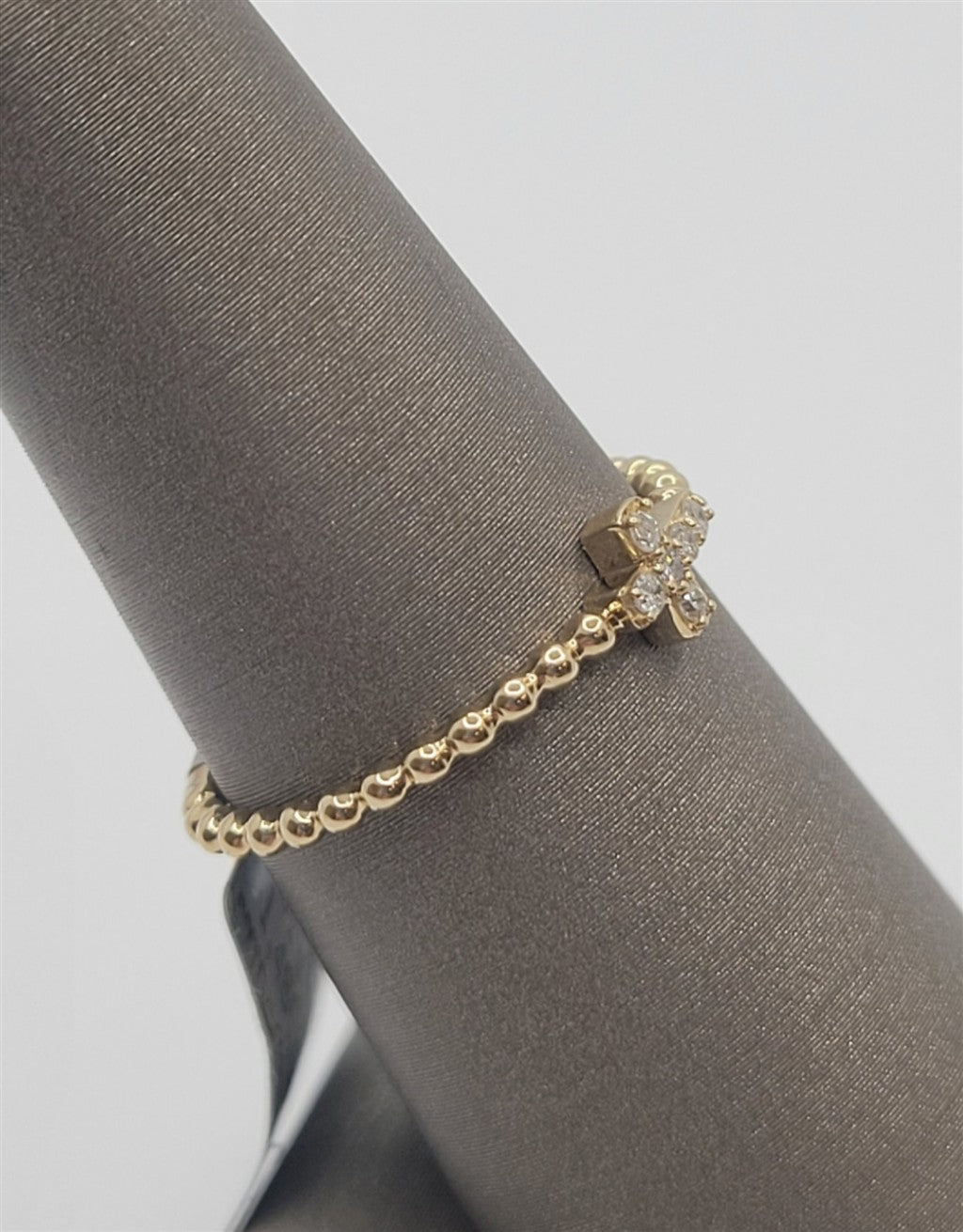 14K Yellow Gold Sideways Cross Diamond Beaded Fashion Ring