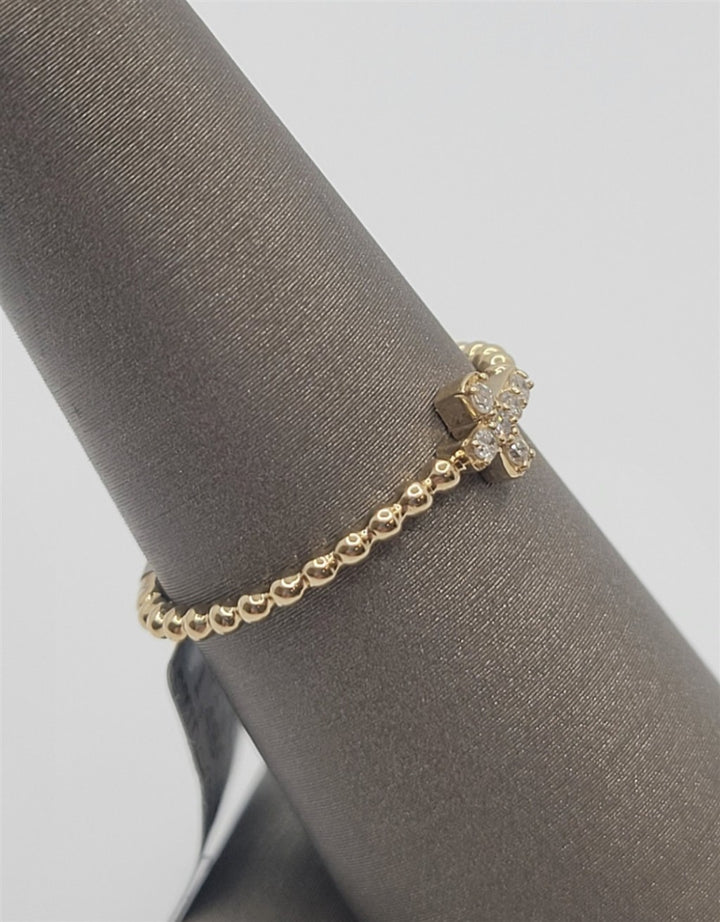 14K Yellow Gold Sideways Cross Diamond Beaded Fashion Ring