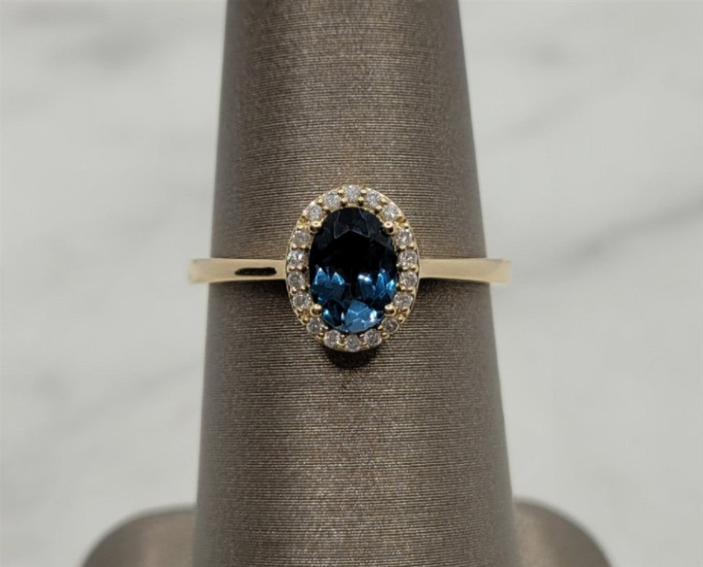 14K Yellow Gold Fashion London Blue Topaz & Diamonds Gemstone Ring