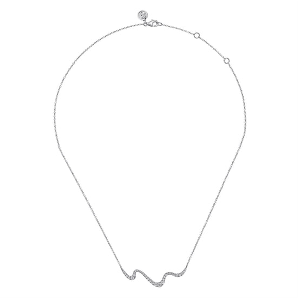 14K White Gold Graduating Diamond Wave Bar Necklace