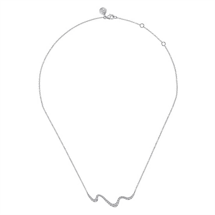 14K White Gold Graduating Diamond Wave Bar Necklace