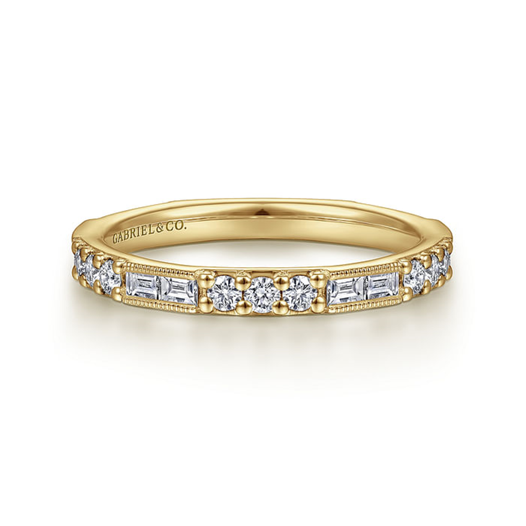 14K Yellow Gold "Gabriel & Co" Baguette And Round Diamond Stackable Ring