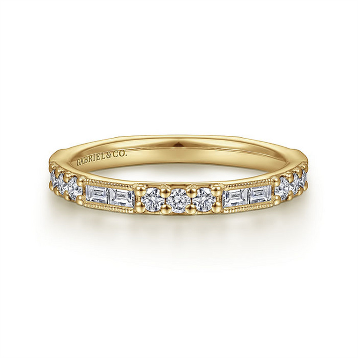 14K Yellow Gold "Gabriel & Co" Baguette And Round Diamond Stackable Ring